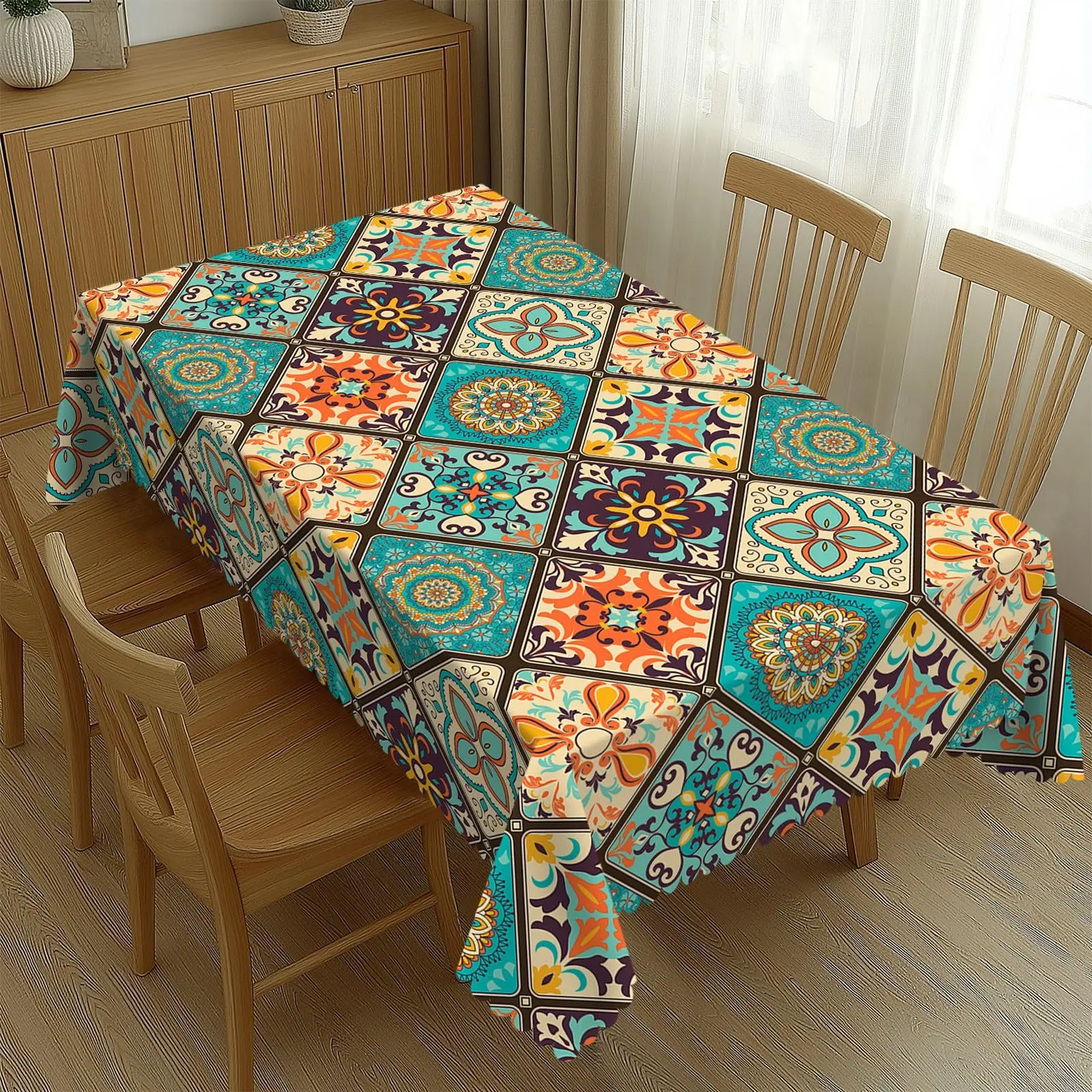 Bohemian Floral Tile Print Tablecloth, Vintage Mandala Scalloped Edge Table Cover, Durable Woven Twill Fabric for Kitchen Dining