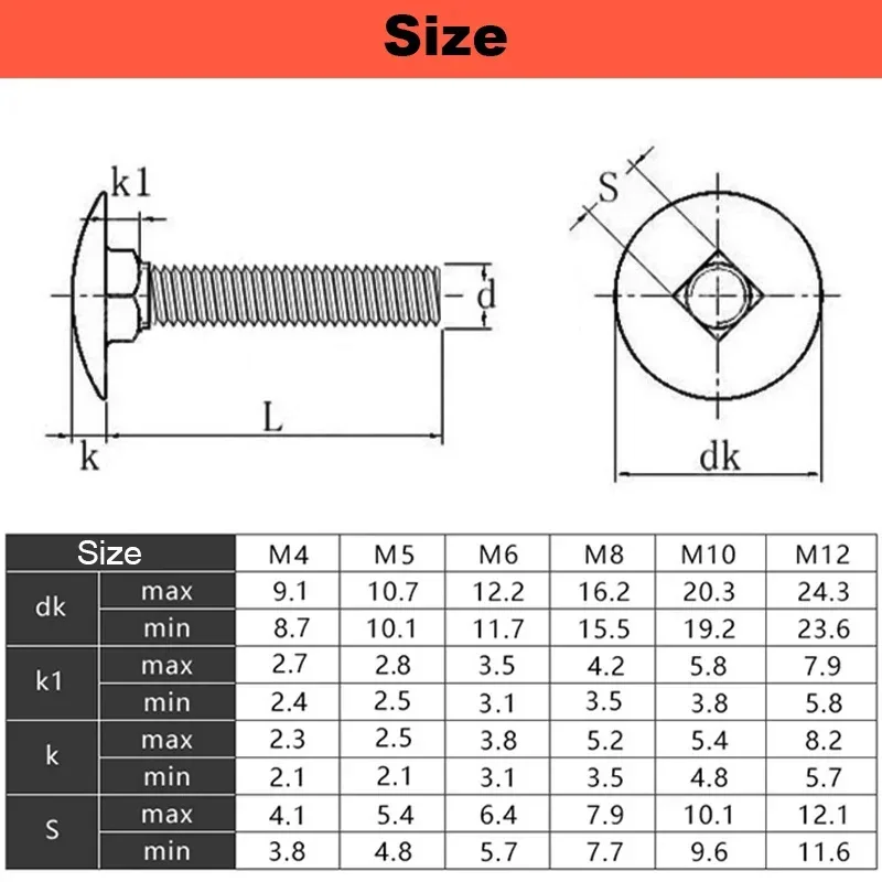 M4 M5 M6 M8 M10 M12 Carriage Bolts Cup Square Dome Coach Screws A2 304 stainless steels