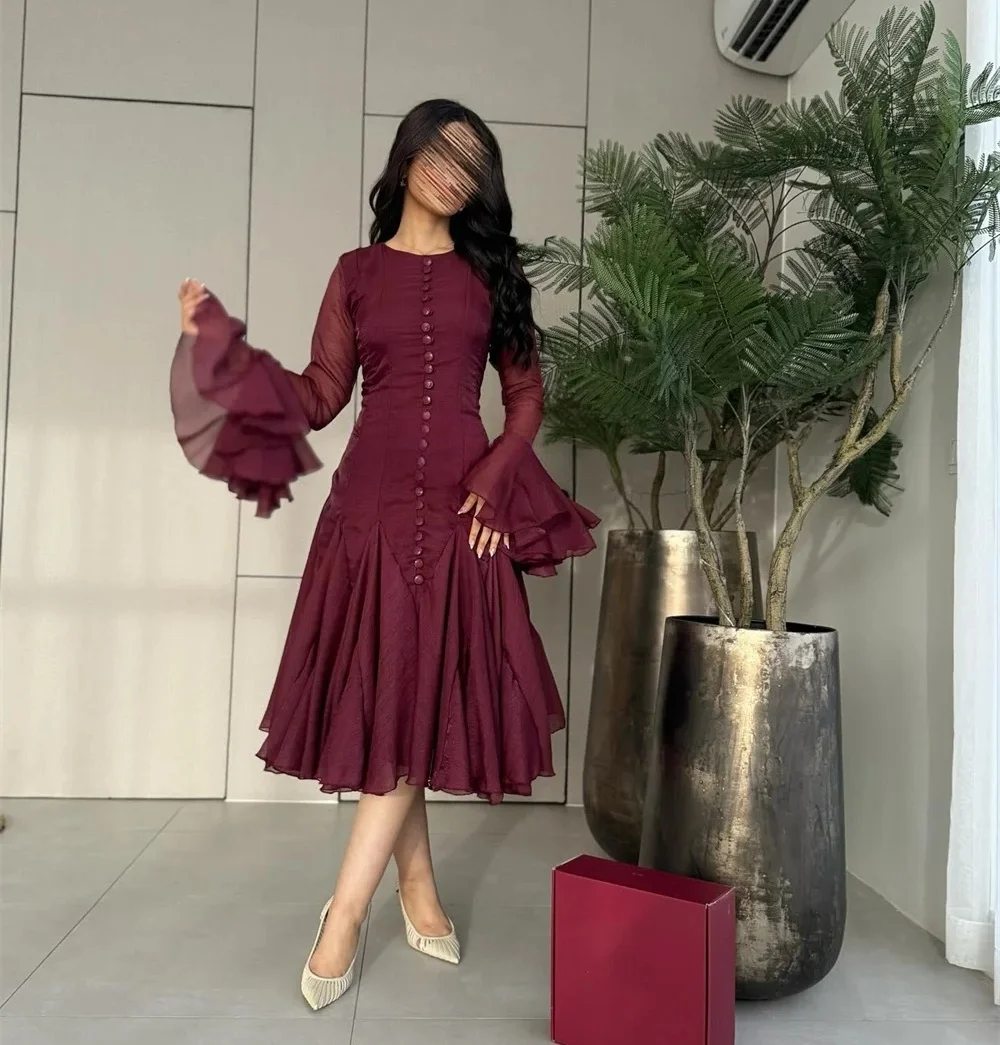 

Tea Length Long Sleeves Bespoke Occasion Gown Evening Dresses Pastrol Unisex Jersey Retro Dubai Saudi Arabic Prom Customized