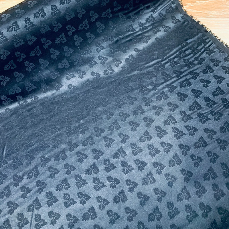 

1 meter 100% Mulberry Silk 16 momme Jacquard Silk Fabric Black Leaf Printed 140cm 55" wide by the yard JX332