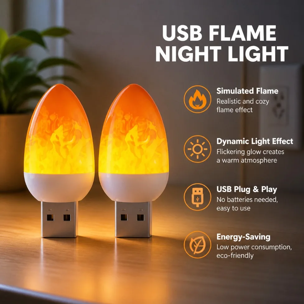 USB LED Flame Candle Light Dynamic Flickering Atmosphere Lamp Portable For Camping Bedroom Book Reading Home Decoration