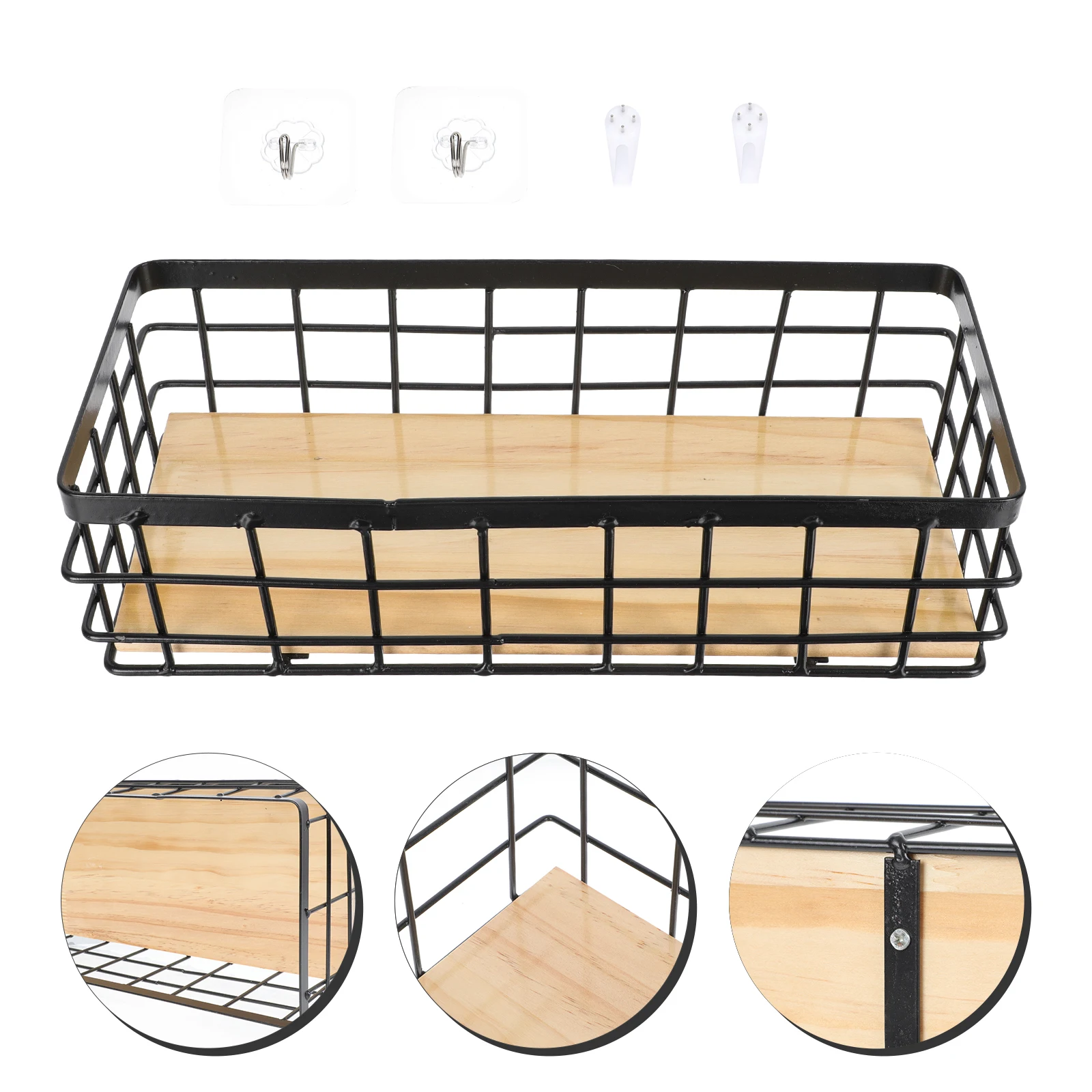 

1 Set Iron Art Storage Basket Desktop Hanging Basket With Wood Board Black Wall Mounted Home Organizer Container For Cosmetics