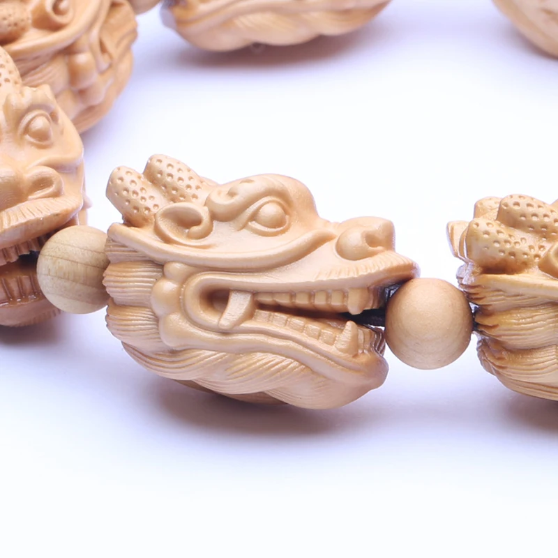 Natural Yellow Wooden bracelet Men\'s large size 20mmx29mm elastic bracelet Wood beads dragon God beast Lucky sculpture