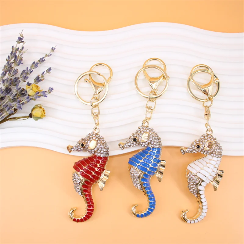 

Animal Hippocampus Key Chain for Women Men Rhinestone Metal Sea Horse Seahorse Key Ring Bag Ornaments Gifts Jewelry llaveros