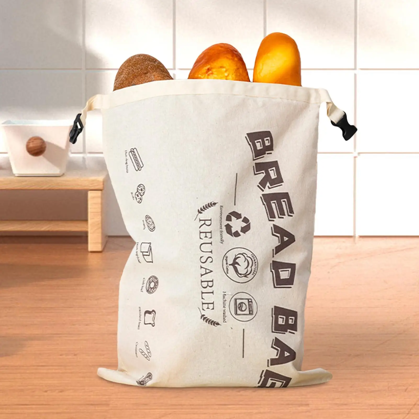Cotton Bread Bag 43x32cm Reusable Drawstring Storage Pouch for Homemade Bread Loaf with TPU Lining for Bakery Kitchen Pantry