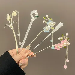 Estilo chinês Hair Stick, liga retro incrustada com flores, grampo de cabelo feminino, acessório do casamento, acessórios de jóias