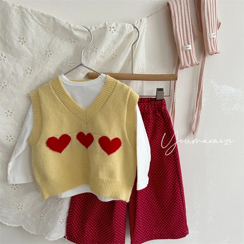 Baby Knitted Vest Summer New Love V-neck Contrast Color Baby Girl's Wool Vest Korean Cute Waistcoat