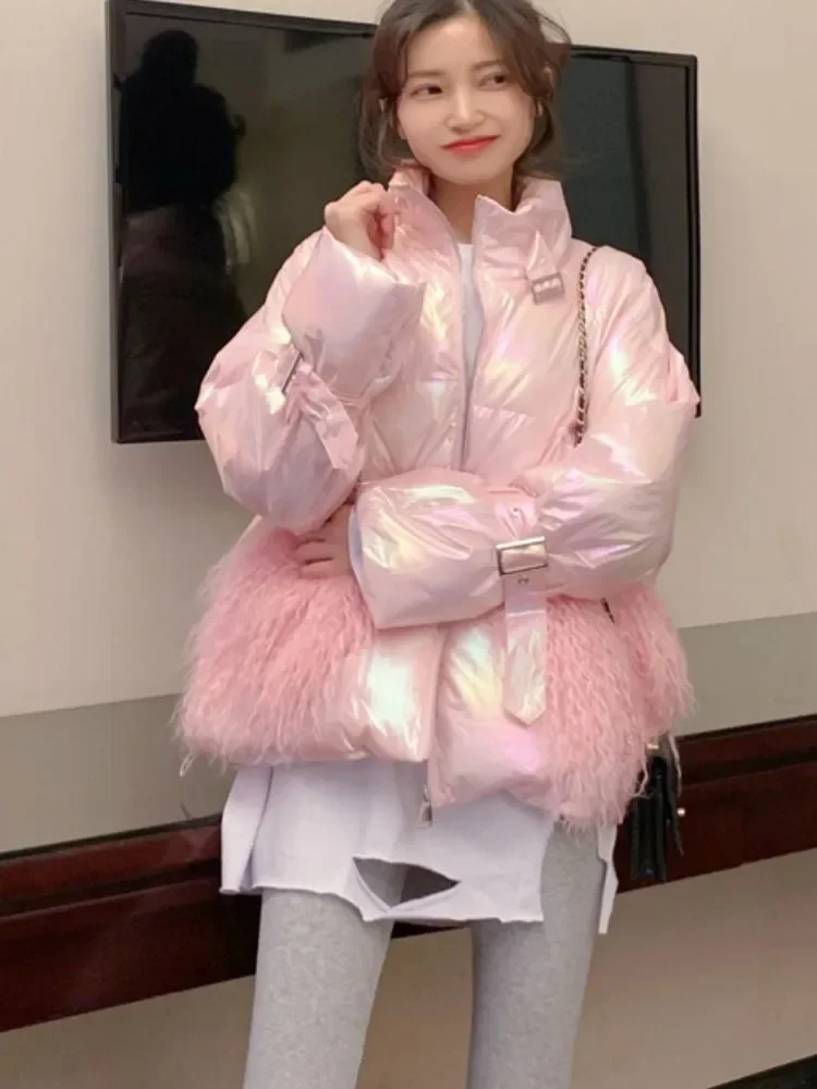 Women\'s Winter Silver Down Cotton Jacket Glossy 2024 Golden Big Fur Collar Thick Shiny Parka Long Pink Blue Warm Oversize Parkas
