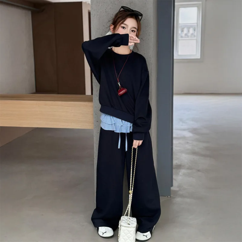 Girls Suits Autumn Kids Stylish Round Collar Sweatshirt  + Ruffled Wide Leg Pants 2Pcs Set Casual Children Clothes Tracksuit