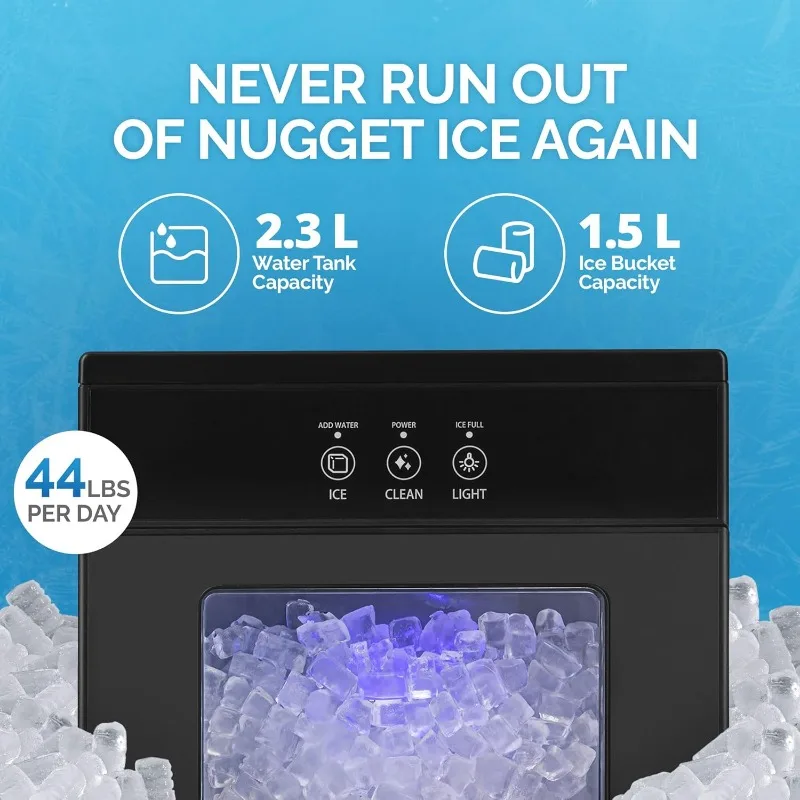 Nugget Ice Maker Countertop - 44lbs/Day, Countertop Sonic Ice Machine, Self-Cleaning & Refillable Water Tank