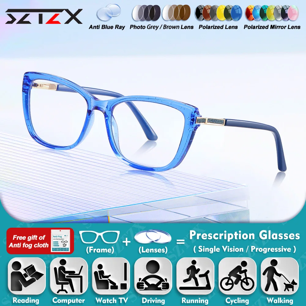 

SZTZX Lady Fashionable Anti Blue Light Reading Glasses Casual Cat Eye Design Photochromic Prescription Myopia Hyperopia Eyeware
