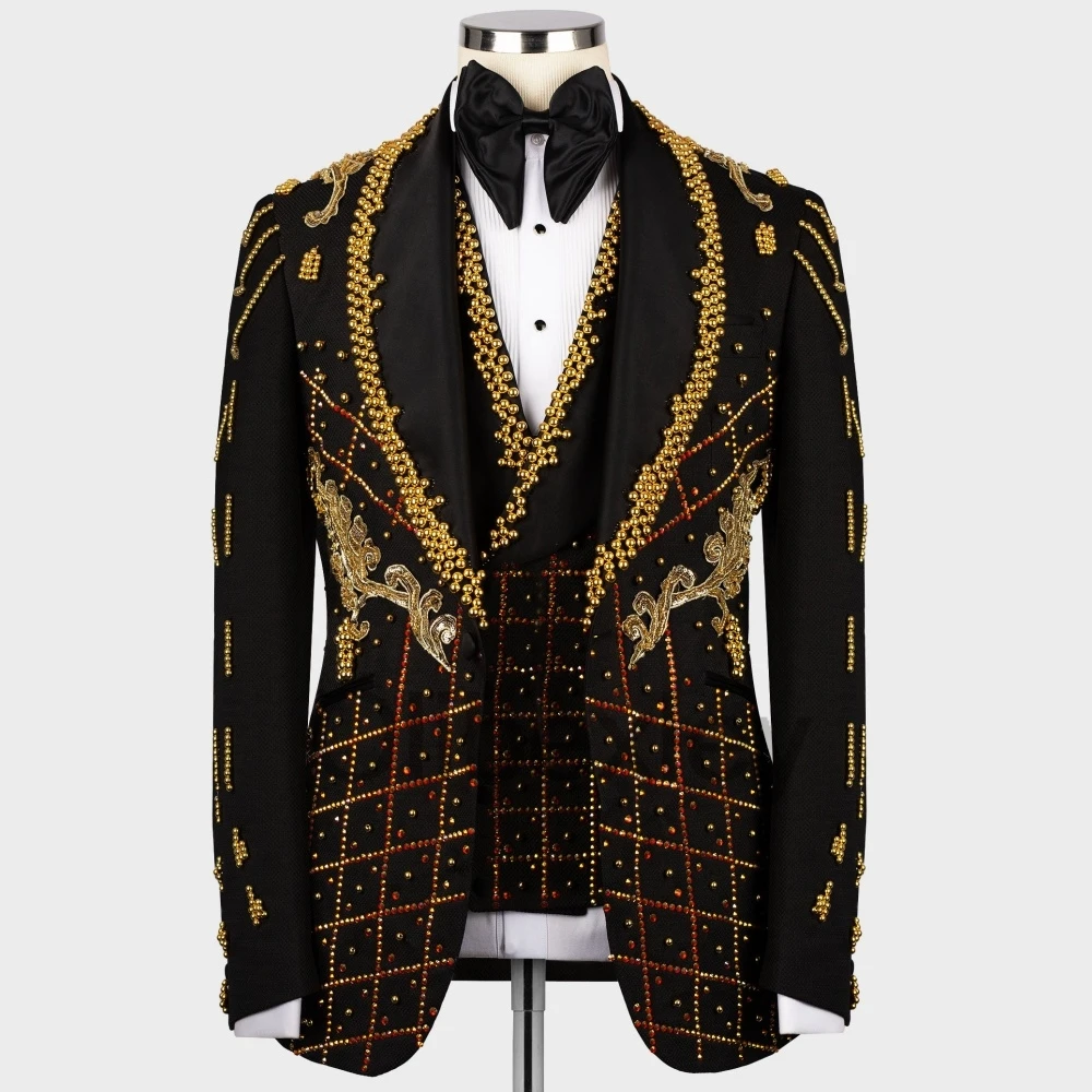 Olibexley Sparkly Black Men Suits Gold Crystal Diamond Beaded Wedding Groom Tuxedos Ropa Hmbre 2 Piece Sets Customized S128