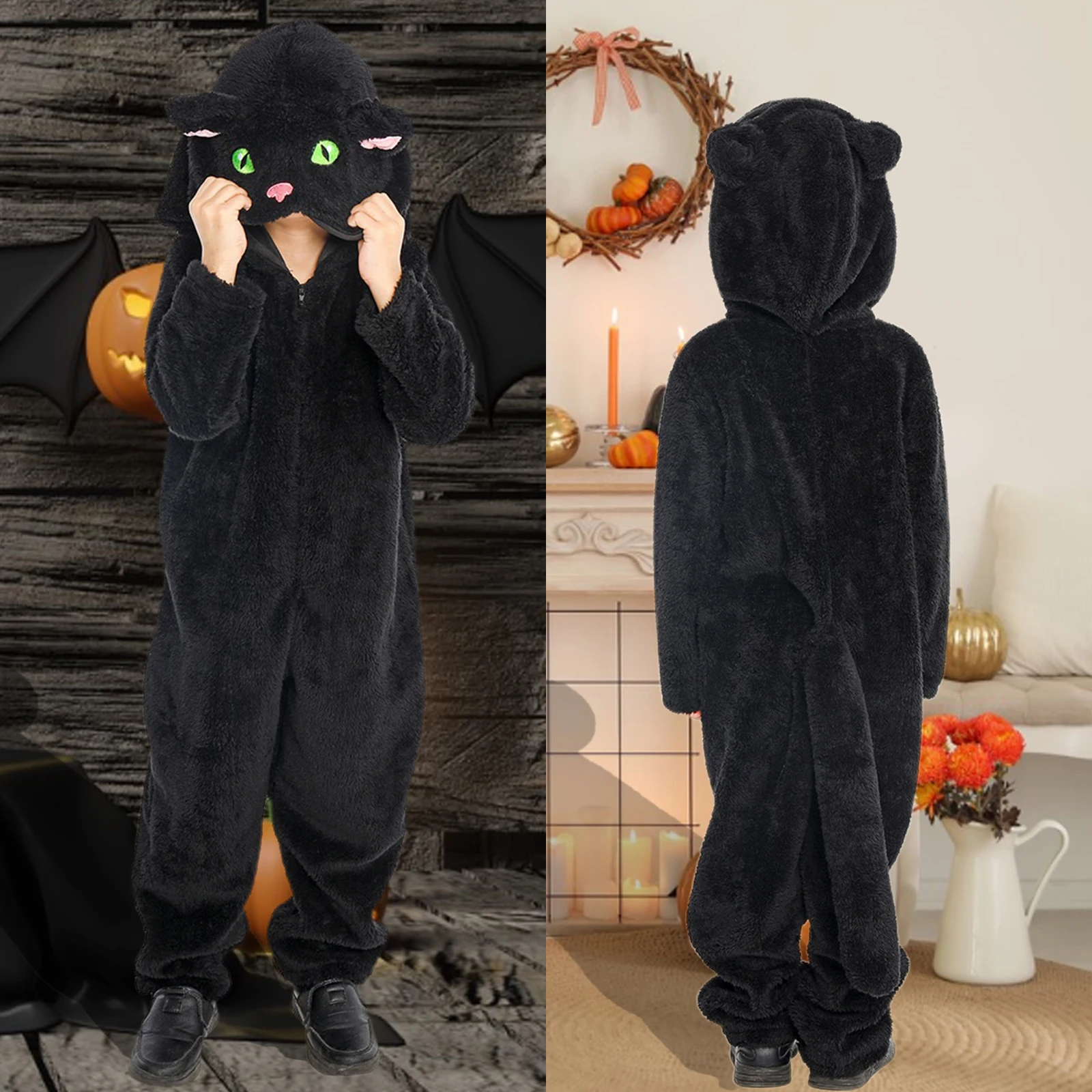 Kids Black Cat Cosplay Costume Plush Long Sleeve Zipper Closure Hood Jumpsuit with Long Tail for Boys Girls view 5