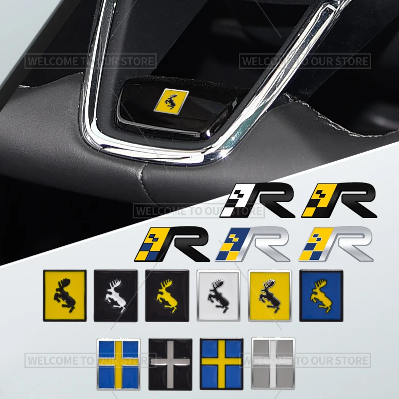 3D Car Styling R Design Sweden Flag Prancing Deer Emblem Badge Metal Steering Wheel Stickers Interior Decals For XC40 EX30 XC60