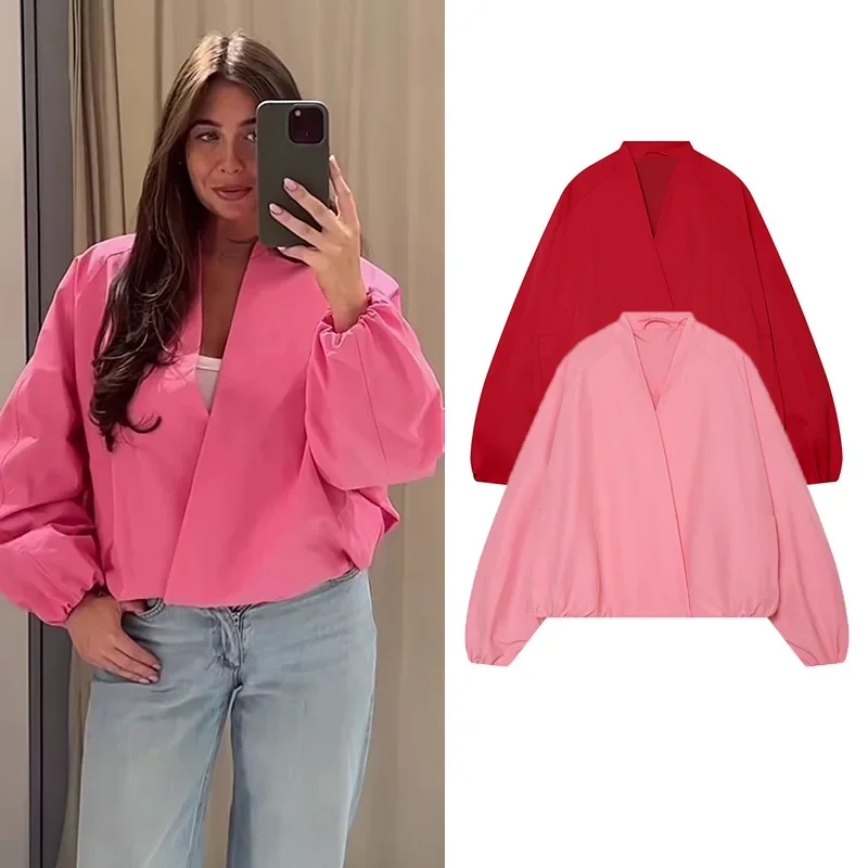 ZOCI 2026 New Fashion Loose Bomber Jacket for Women Loose Fit V Collar Long Sleeve Coat  Autumn Female Street Outerwear