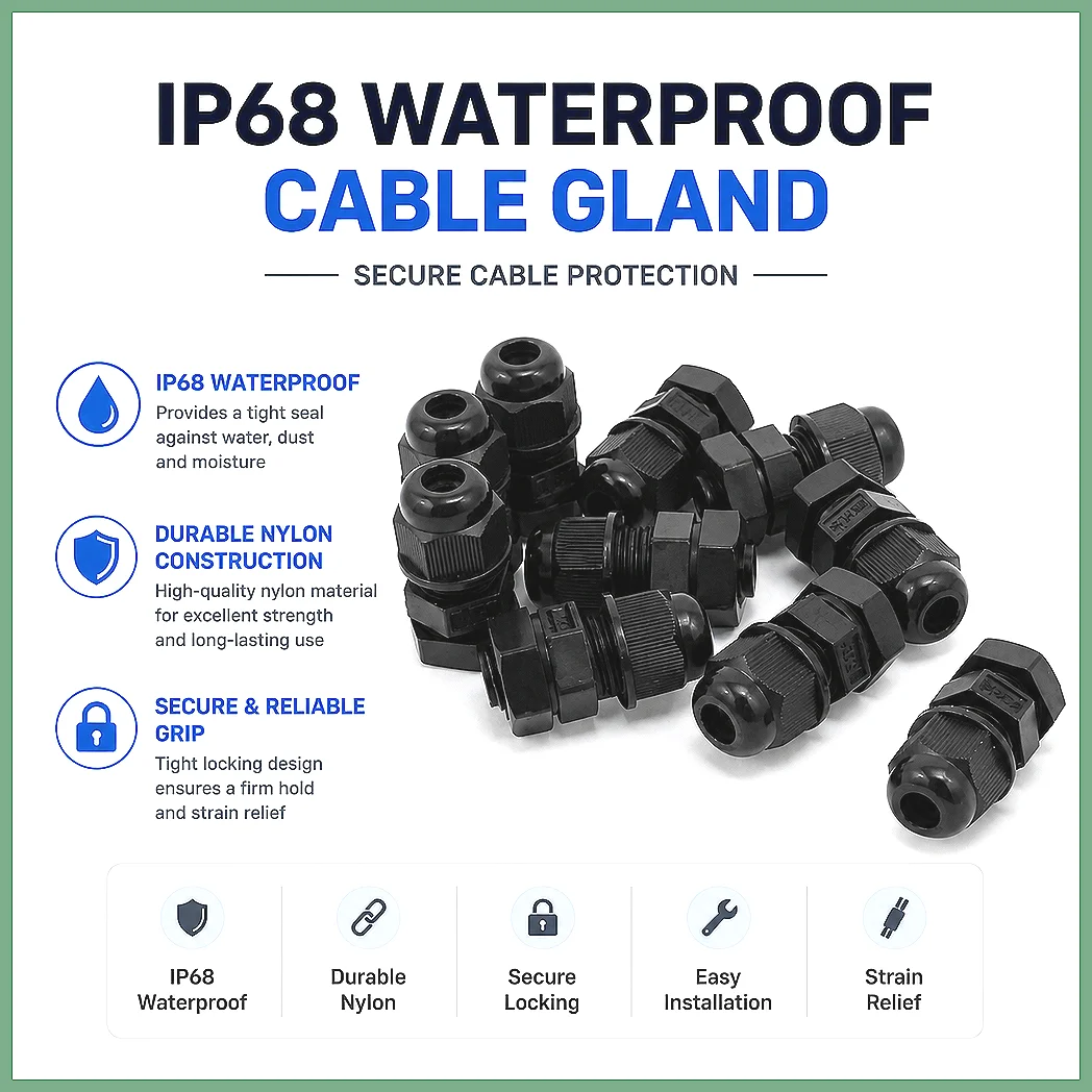M8 x 1.25 Cable Gland 10Pcs 8mm Waterproof Connector Joints, Black Nylon Adjustable Wire Fastener, IP68 Sealing Fixing Nut fo