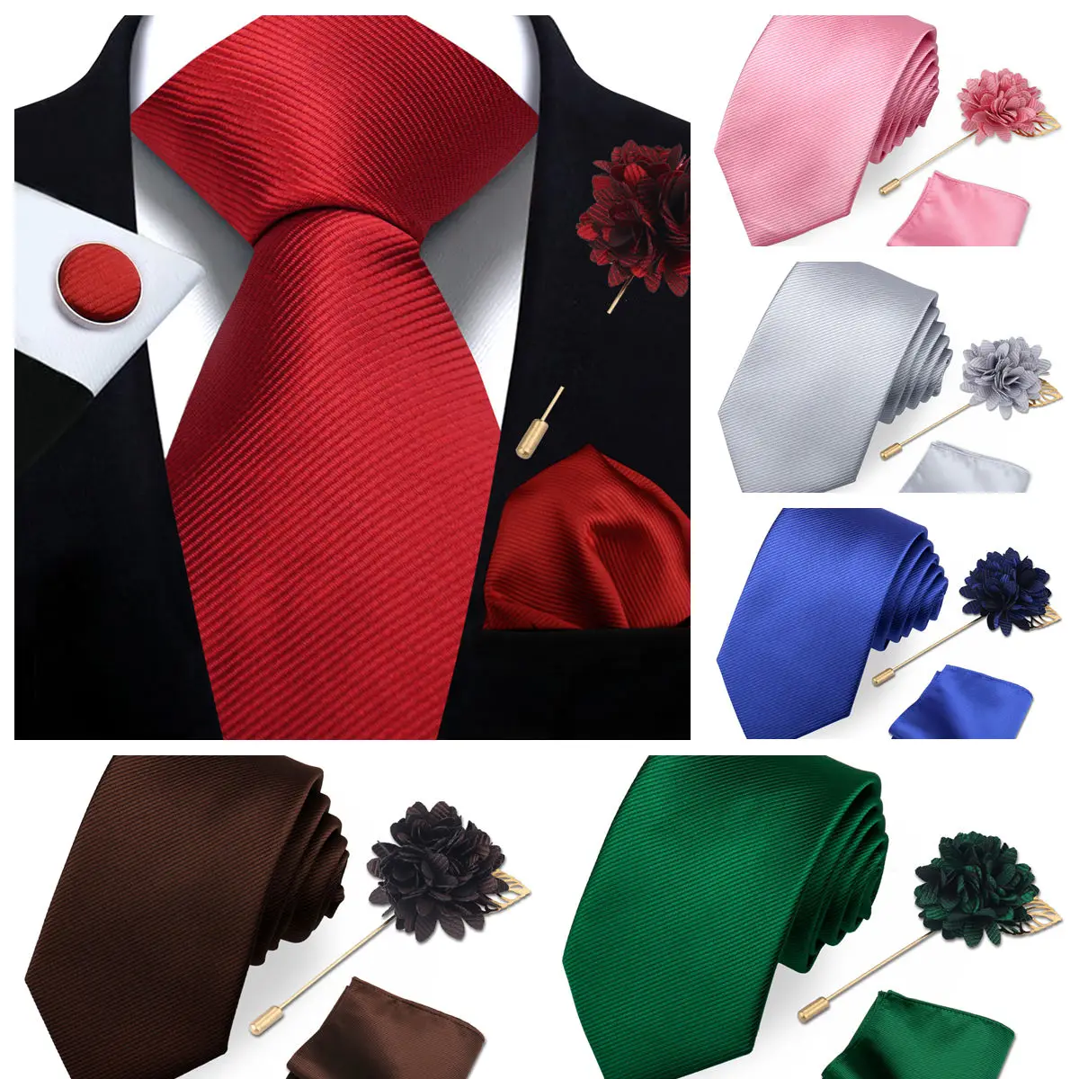 Men's Solid Necktie Cufflinks Pocket Square Lapel Pin Flower Brooch Elegant Man Wedding Shirt Accessory Set Suit Groomsmen Gifts