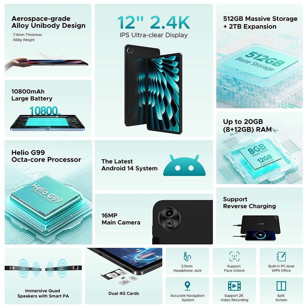 Global Version DOOGEE T40 Pro 2 in 1 Tablet PC Android 14 12" IPS 2.4K 20GB(8+12) 512GB Helio G99 6nm 10800mAh 7.6mm ultra-thin