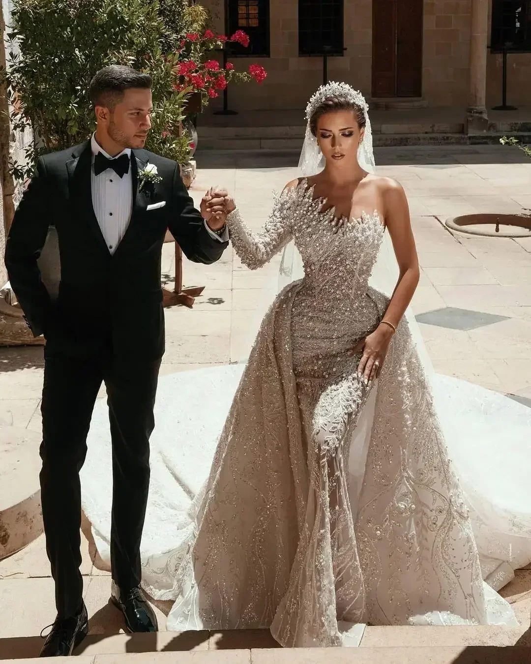 

Свадебное платье русалки с жемчугом и бусинами по индивидуальному заказу со съемным шлейфом Robe De Mariée, свадебные платья с длинными рукавами и открытыми плечами