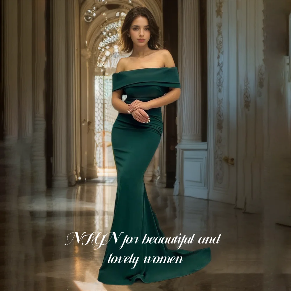 

NFYN Green Long Stain Formal Prom Dresses Mermaid Trumpet Off the Shoulder Pleat Women Evening Gown Dresses Customizedفساتين منا