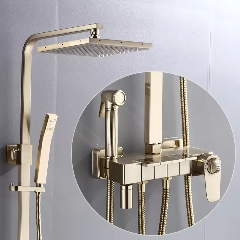 Brass Single Handle Shower Head Set Slide Bar Ceramic Valve High Pressure Rain/Soft/Pause/Jet Spray Patterns Polished Gold