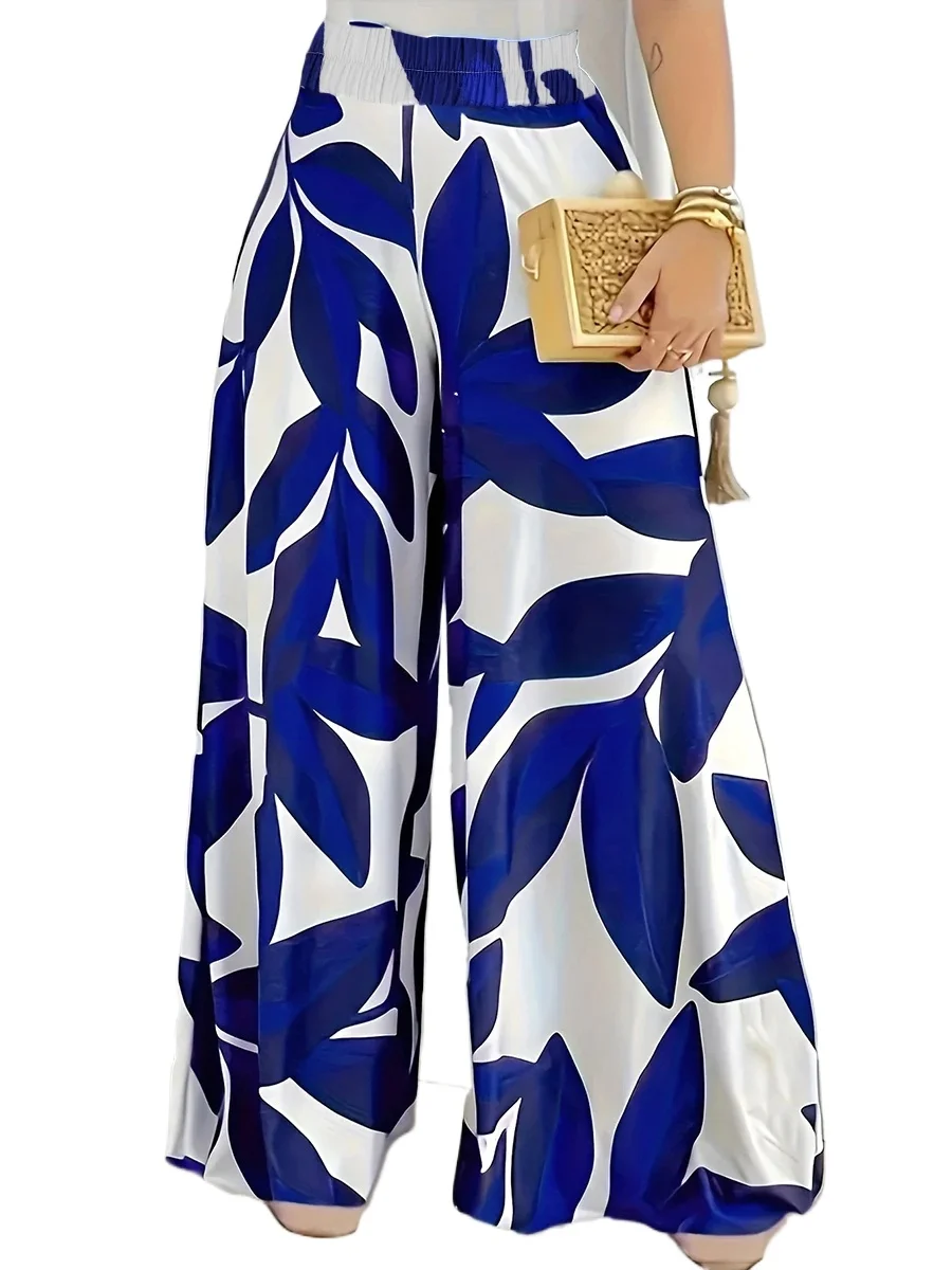 Autumn Winter Women Knit Leaf Print Wide Leg Pants High Waist Loose Elastic Waist Casual Trousers Vintage Palazzo New