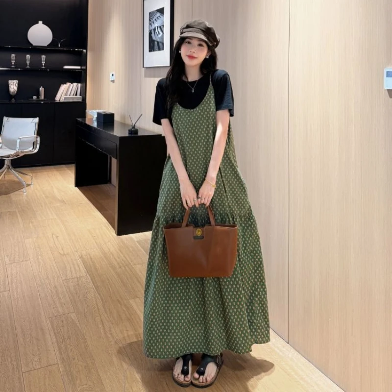 Abito lungo estivo da donna Allentato Plus Size Manica corta Set da due pezzi T-shirt da vacanza + Abito con fionda Robe Ete Femme Elbise 2025