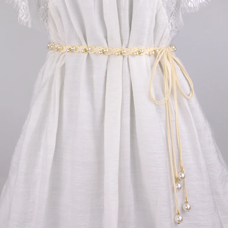 

Korean Style Pearl Decorative Weaved Waist Chain Women's Thin Belt Summer Simple Match All Dresses Knot Waist Rope