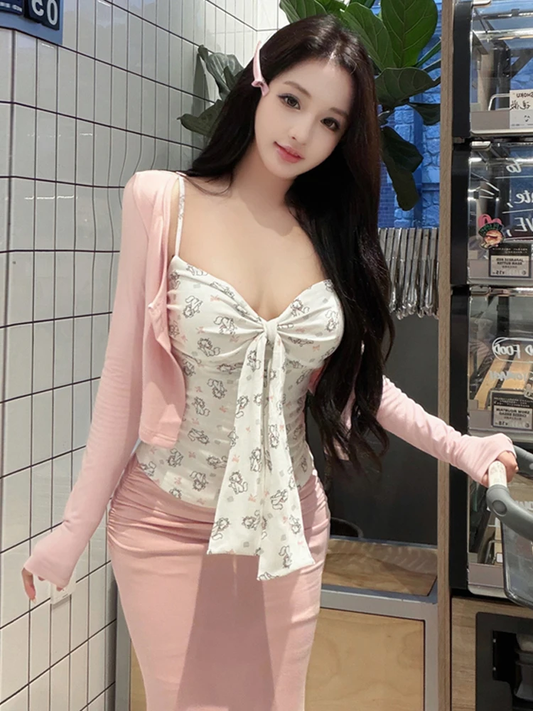 Sweet  Print Halter Top And  Skirt Set Slim Fit Fish Tail Design Fashionable Youthful Look Perfect for Casual Wear