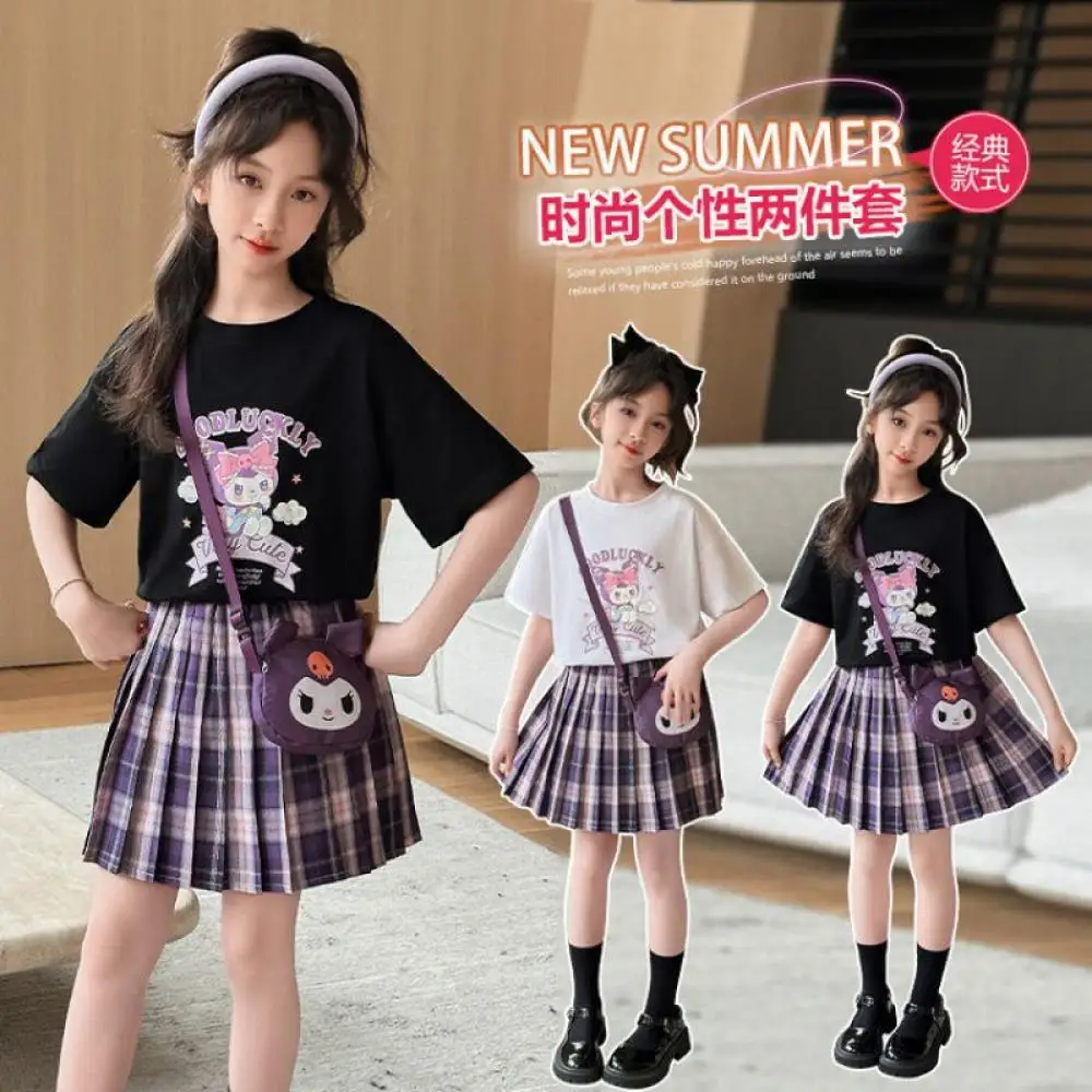 

Kuromi Jk Set Sanrio Girls College Style Short-Sleeved + Pleated Skirt Child Ins Cartoon T-Shirt Short Skirt Children's Dress