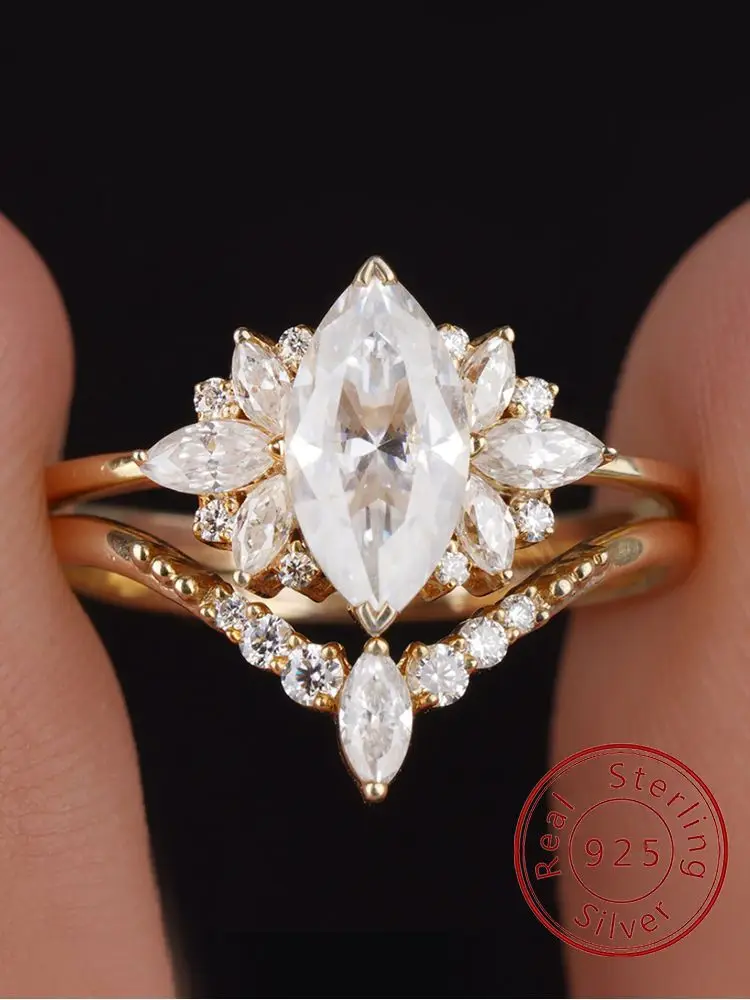 925er Sterlingsilber, brillanter Luxus-Marquise-Zirkon-Ring-Set für Damen, Verlobung, Hochzeit, modisch, hochwertiger edler Schmuck