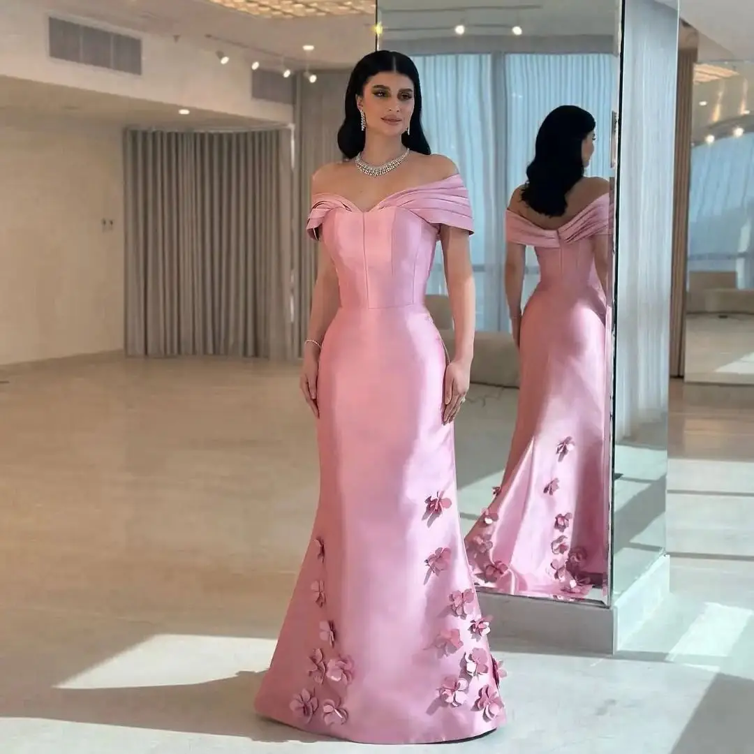 

Vintage Pink Evening Dresses Off Shoulder Floral Appliques Women Prom Gowns Mermaid Floor Length Customized Wedding Guest Gowns