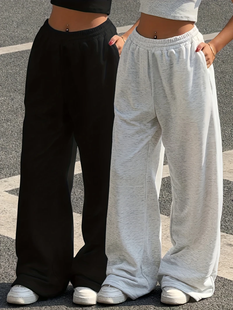 

Повседневные длинные брюки для женщин, свободный крой с эластичным поясом и однотонными спортивными брюками, тренировочные штаны с талией и карманами