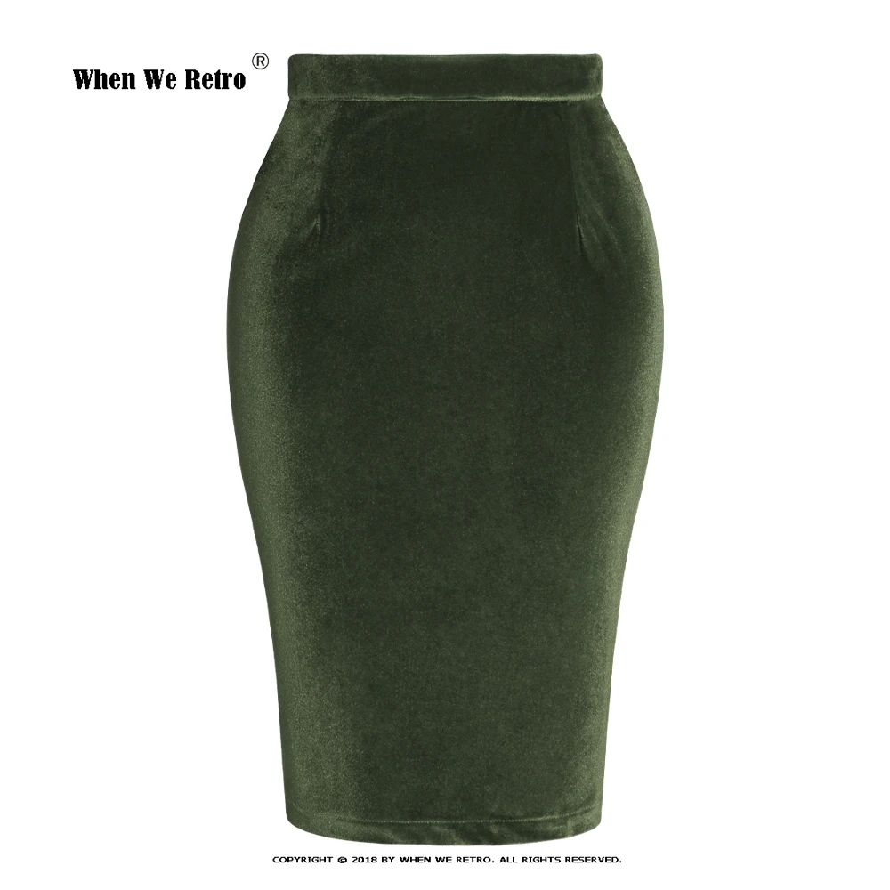 

Winter Korean Fashion Pencil Skirt For Women High Waist Casual Black Green Stretchy Slit Velvet Jupe For Work Office SS0028