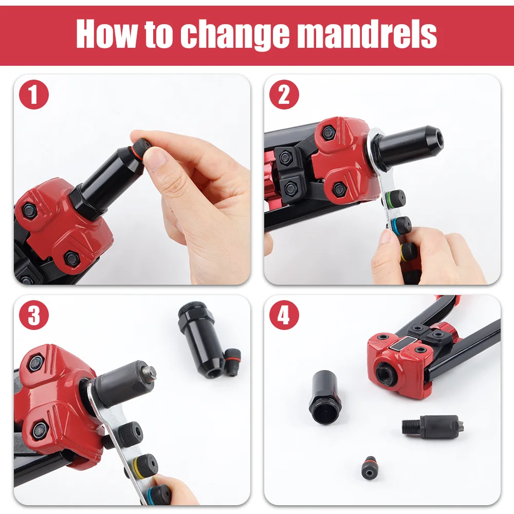 Heavy Duty Rivet Nuts Gun Insert Manual Riveter Reamer Set Durable 3-IN-1 Threaded Tool with 5 Rivet Heads and 6 Metric Mandrels