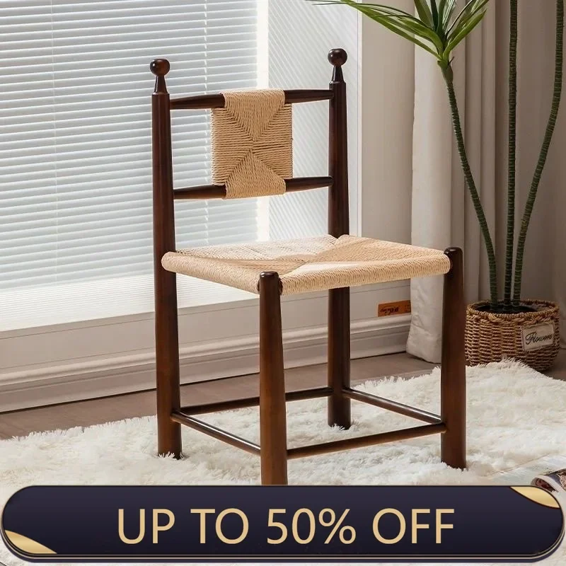 Antique Solid Wood Rattan Dining Chair Retro Grass Rattan Chair Household Simple B&B Cafe Leisure Rattan Backrest Chair