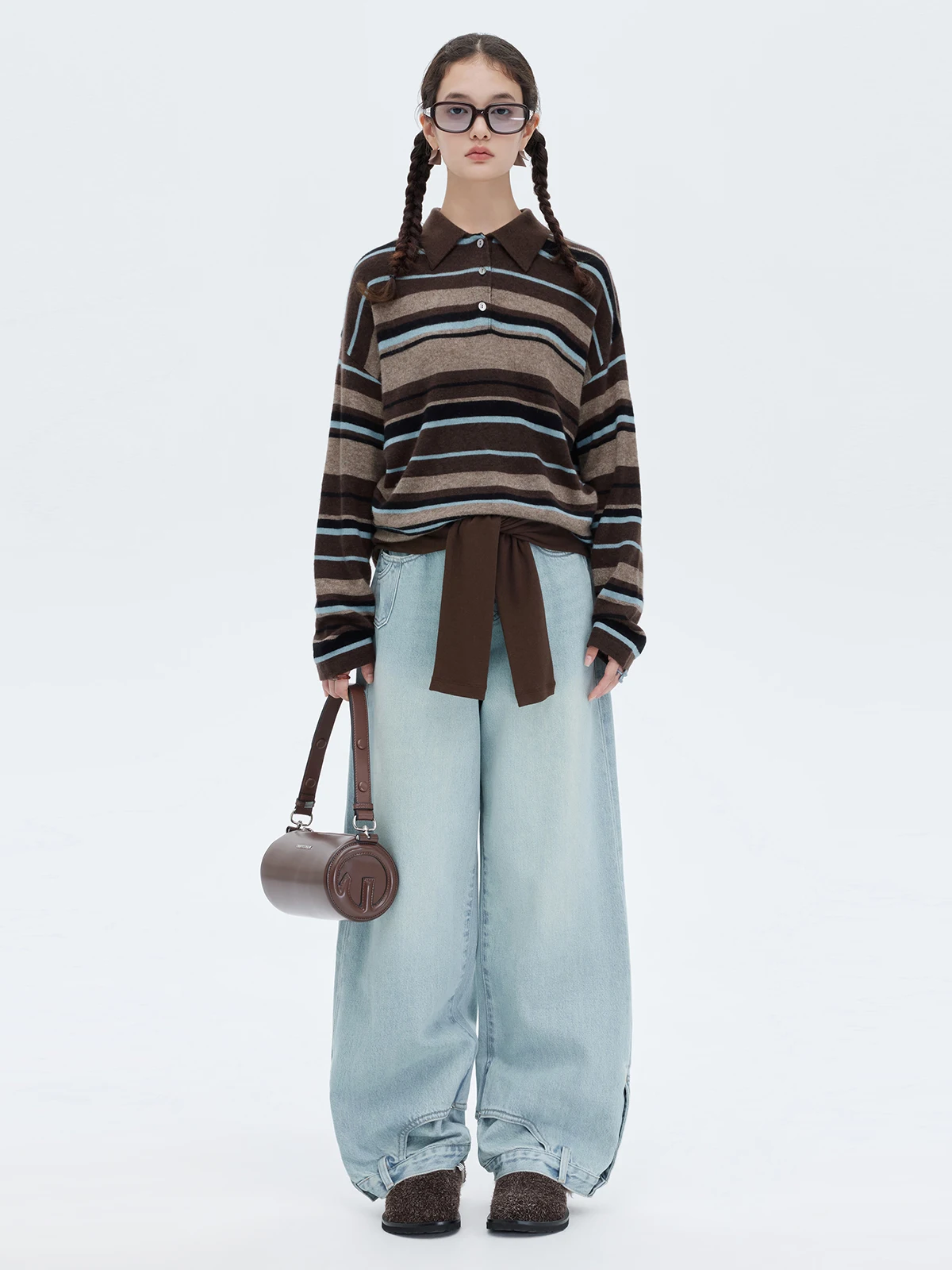 

Women's Camere And Wool Blend Knitwear Collar ell Button Spring Deep Coffee Striped Top Loose Fit Long Sve