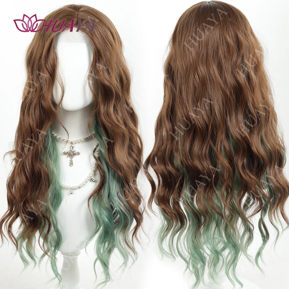 

Коричневые блики, зеленые длинные волнистые парики для женщин, повседневный косплей, вечерние, искусственные волосы, термостойкий парик из синтетических волос