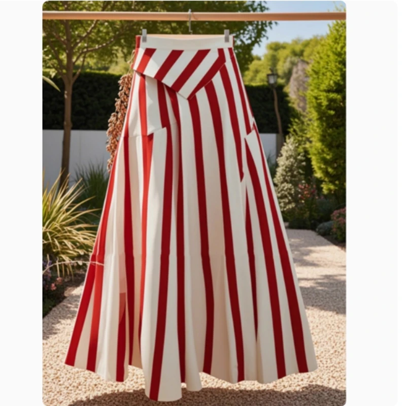 French Elegant Irregular Red Stripe A-line Dress For Women Summer High-waist Luxury Slim-fit Casual Maxi Swing Umbrella Skirt