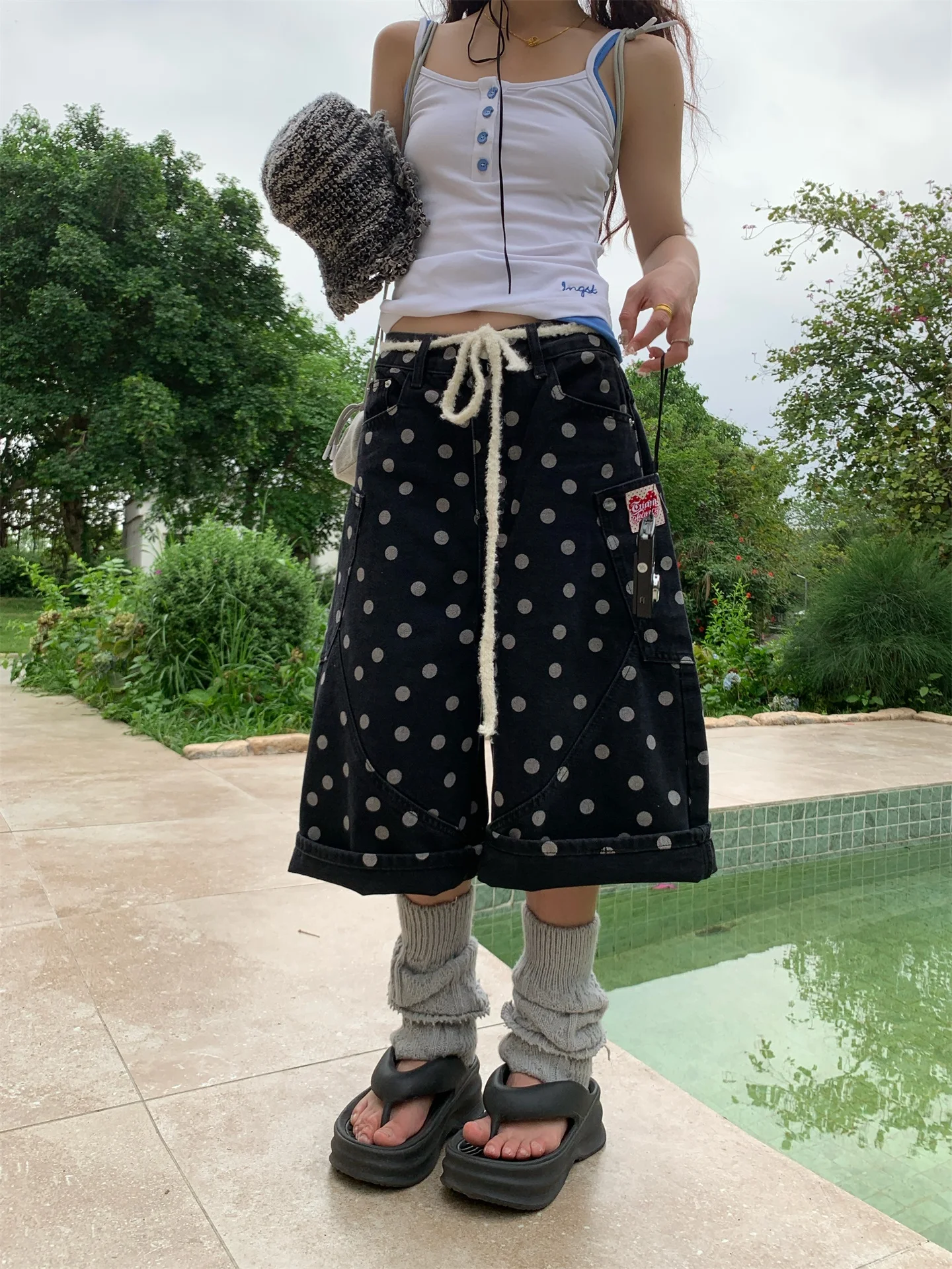 

Джинсовые шорты в горошек для женщин, летние, универсальные, свободные, широкие, укороченные (7/8), в американском ретро-стиле, с высокой талией