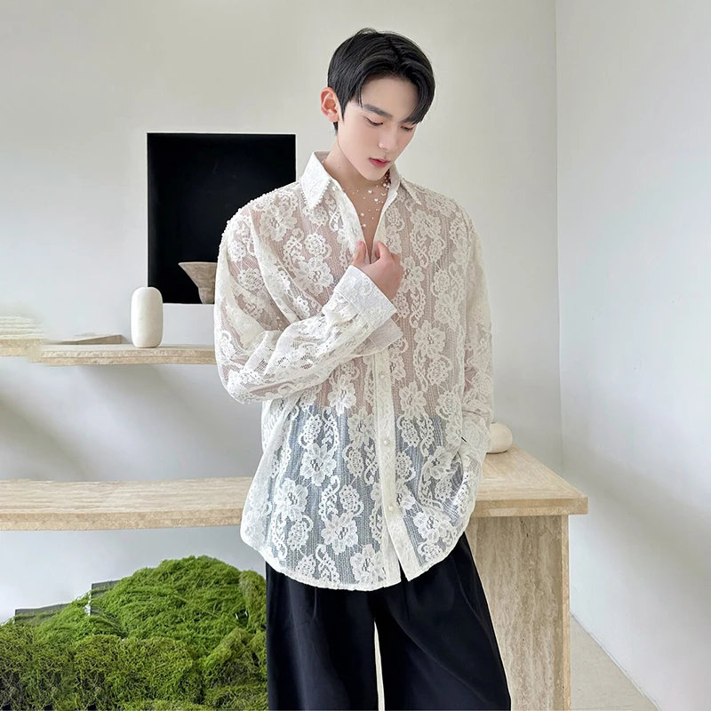 LUZHEN 2026 New Lace Embroidery Pattern Perspective Design Long Sleeve Shirts Men's Fashion Elegant Handsome Casual Tops JY6295