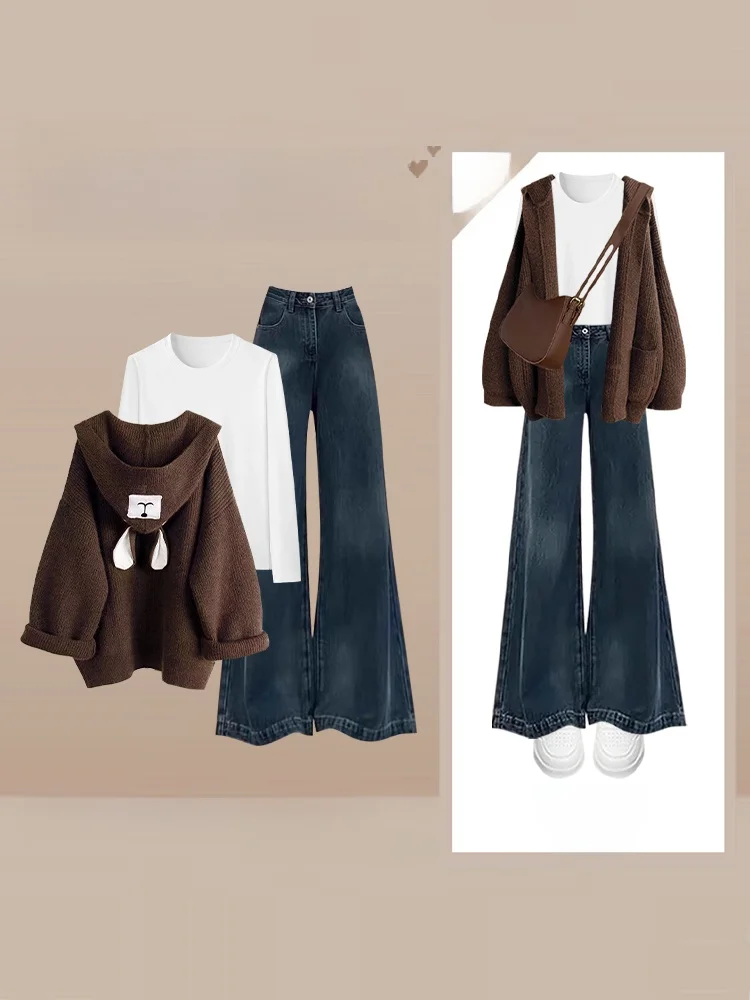

Fall Winter Women's Premium Set Hat Hoodie T-Shirt Jeans Three-Piece Suit American Style Age-Defying Fashion Ensemble