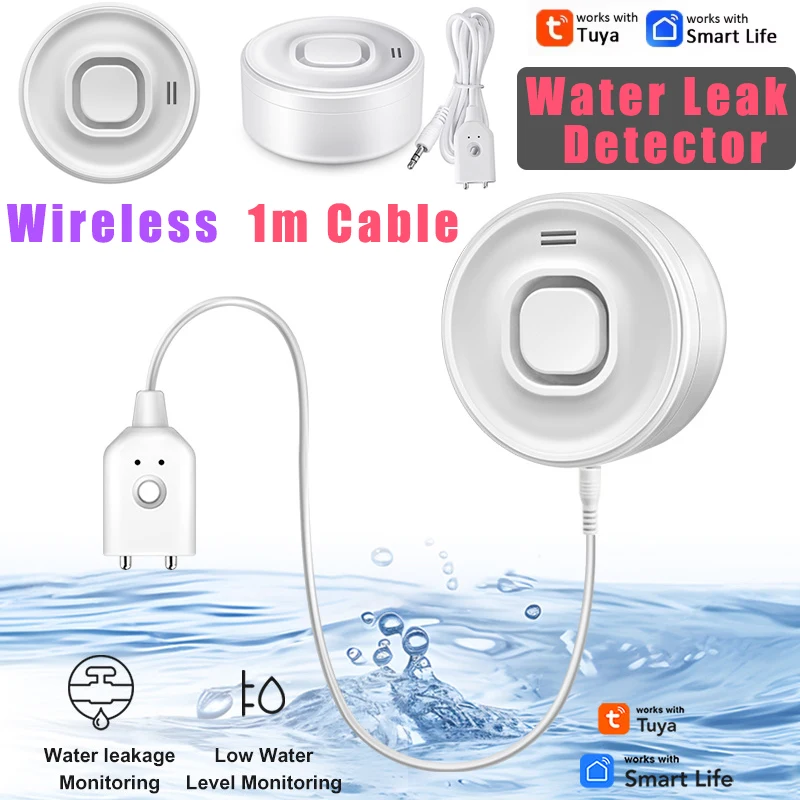 

Water Leak Alarm Detector, Tuya WaterLeak Sensor 100dB Loud,Smart WIFI Water-Leak Detectors,1m cable Real-Time waterleak sensors