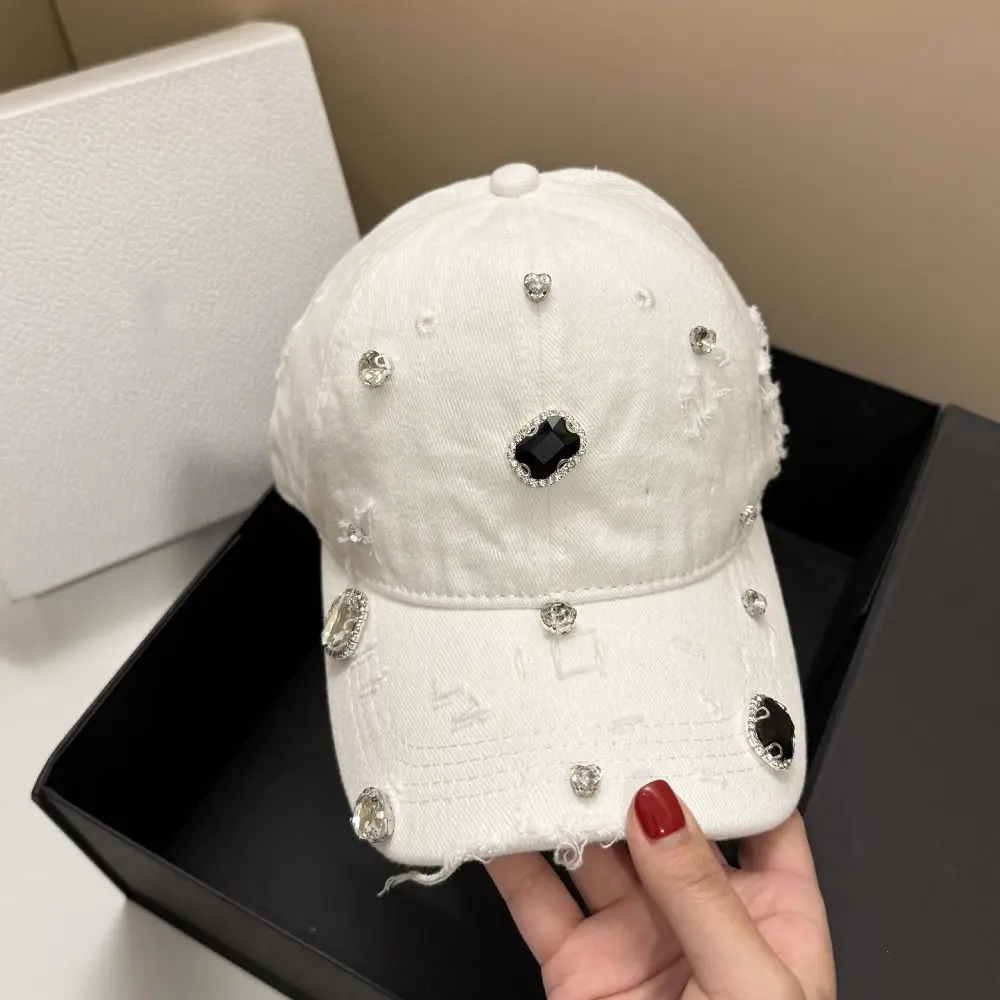 Cotton Rhinestone Baseball Cap Torn Effect Rhinestone Embellished Hip Hop Cap Vintage Wash Adjustable Snapback Tennis Cap