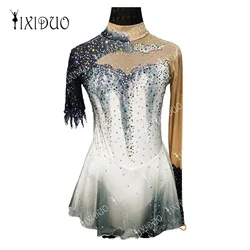 White Patchwork Figure Skating Dress Long Sleeve High Elasticity Women's Girls' Competition Ice Skating Wear for Kids Adults