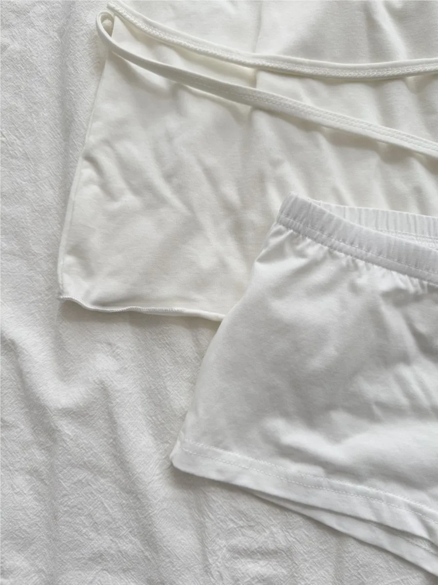 White Back lace-up T-shirt Shorts 2 Pieces Sets Women Cotton Slim Buttons Crop Top+Bow Home Shorts Sweet Two Piece Clean Outfit