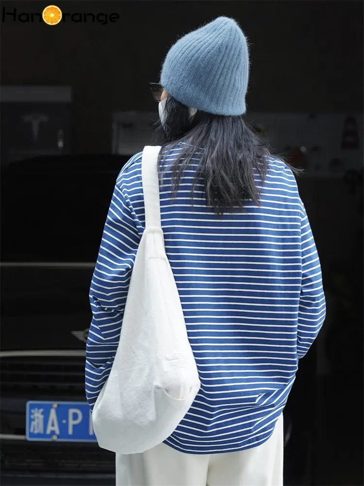 Customization 2026 Spring Simple Vintage Stripe T-shirt Women O-Neck Loose Long Sleeve Casual Tees Top Female Blue/White