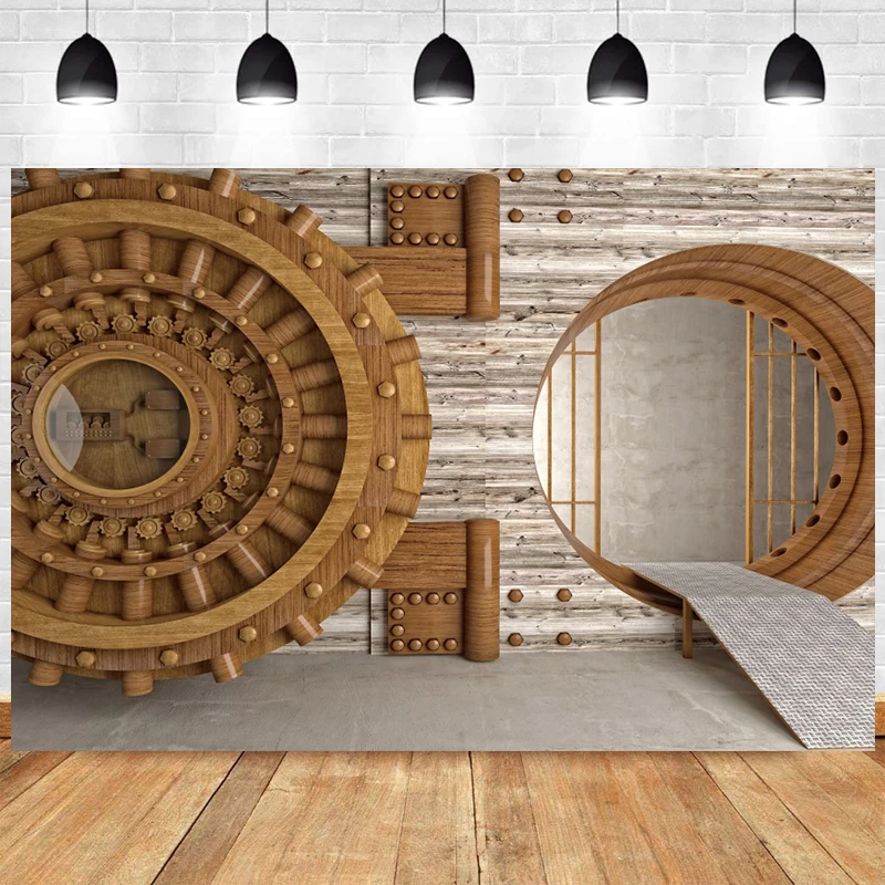 

Bank Vault Backdrop Money Safe Box Decoration Banner Wooden Round Vault Door Storage Room Robber Theme Photography Background