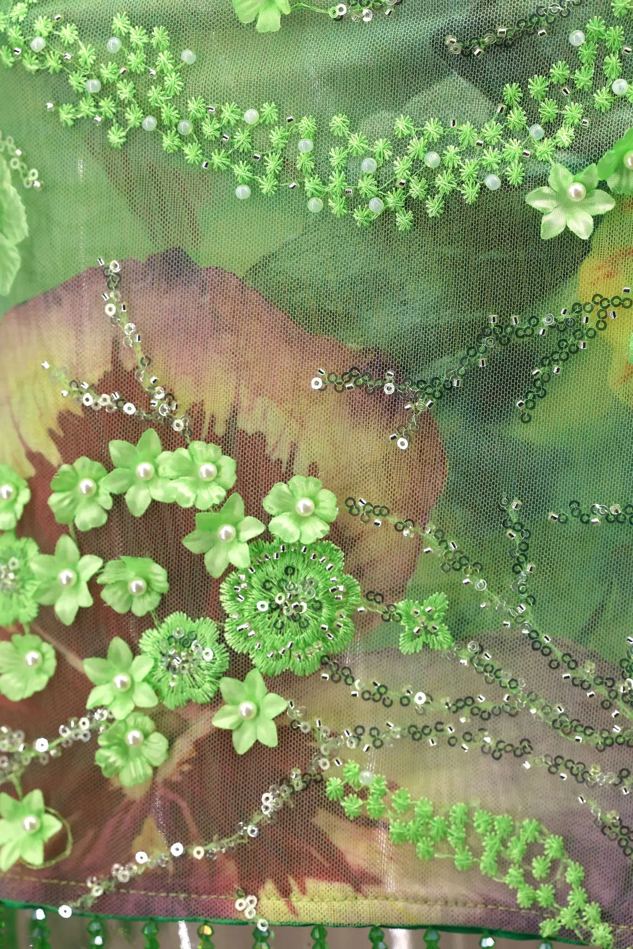 Faldas de playa verdes con lentejuelas y cuentas florales en 3D para mujer, falda Sexy de malla con cordones y borlas para playa, falda de fiesta para vacaciones, trajes de verano