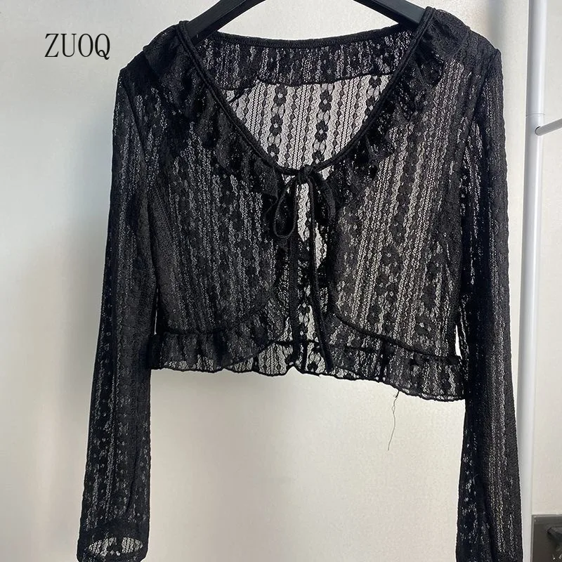 

Новинка 2026, летняя женская куртка с кружевным поясом, корейская мода, милые тонкие солнцезащитные куртки с v-образным вырезом и длинными рукавами